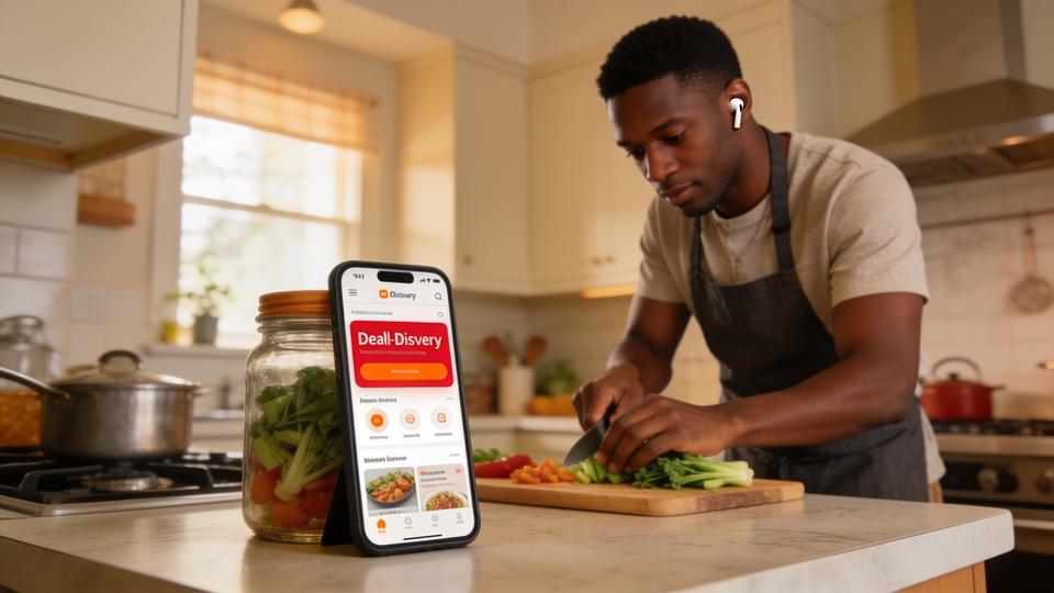 A person cooking while listening to deals through wireless earbuds