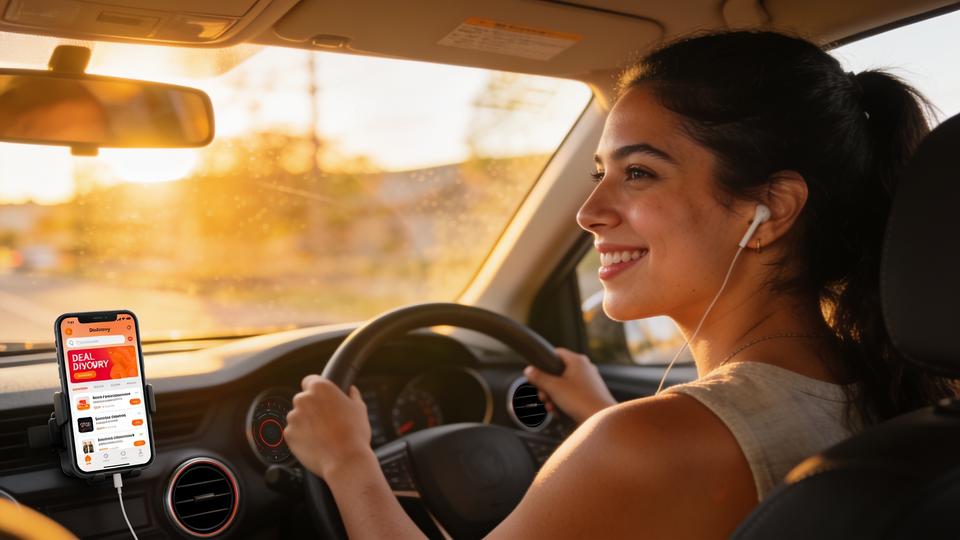 A person listening to audio deals on their phone while driving