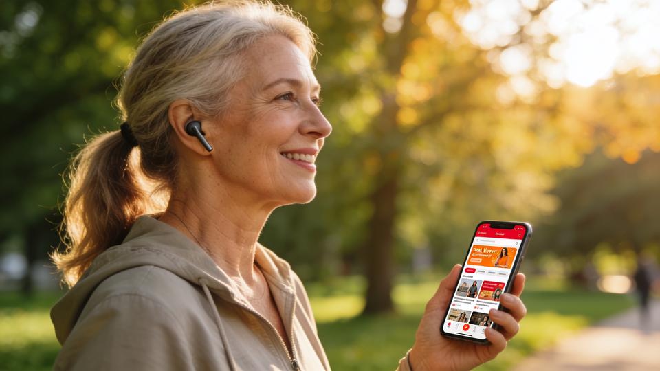 A person walking in a park while listening to deals on their phone
